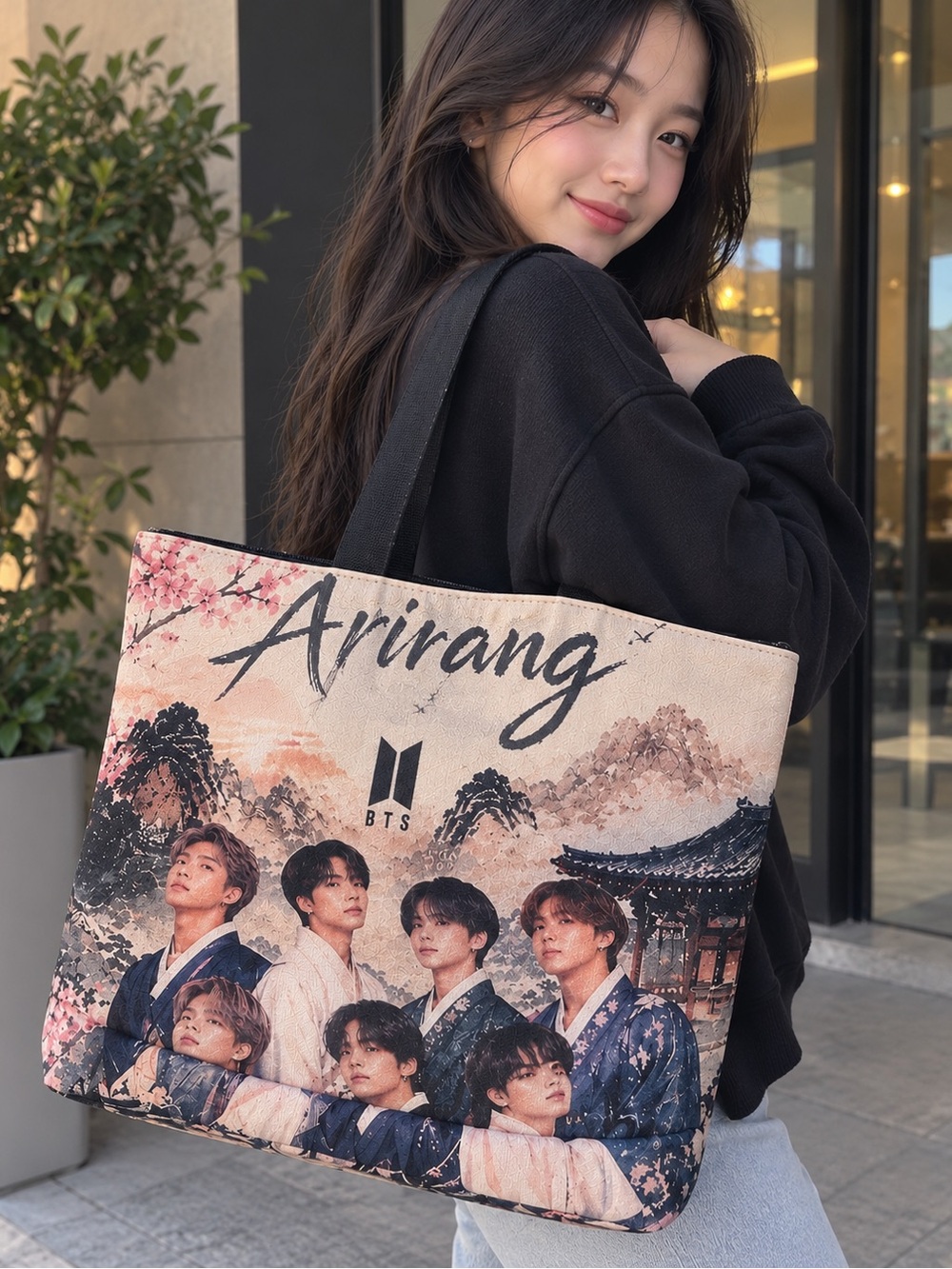 BTS Arirang Printed Canvas Shoulder Bag - Pink/Beige
